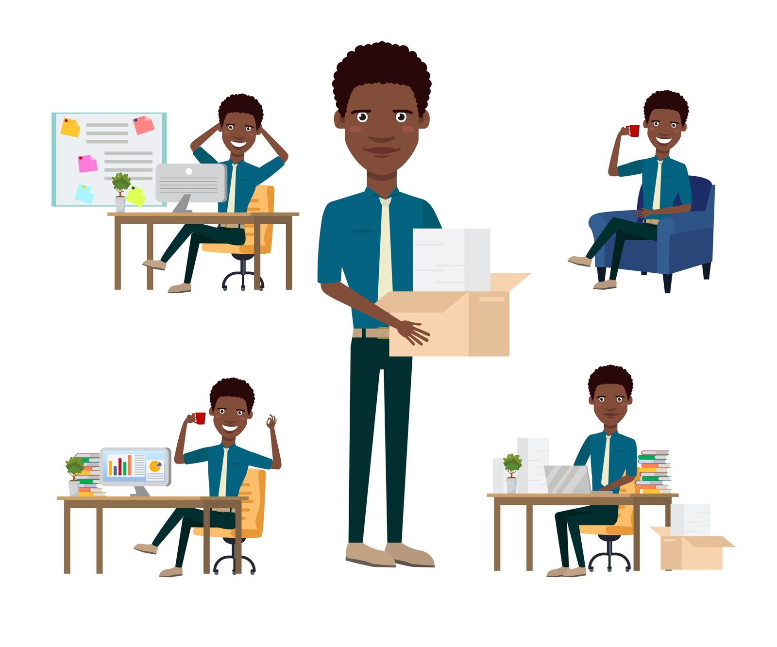 African-office-employee-character-set-with-different-poses